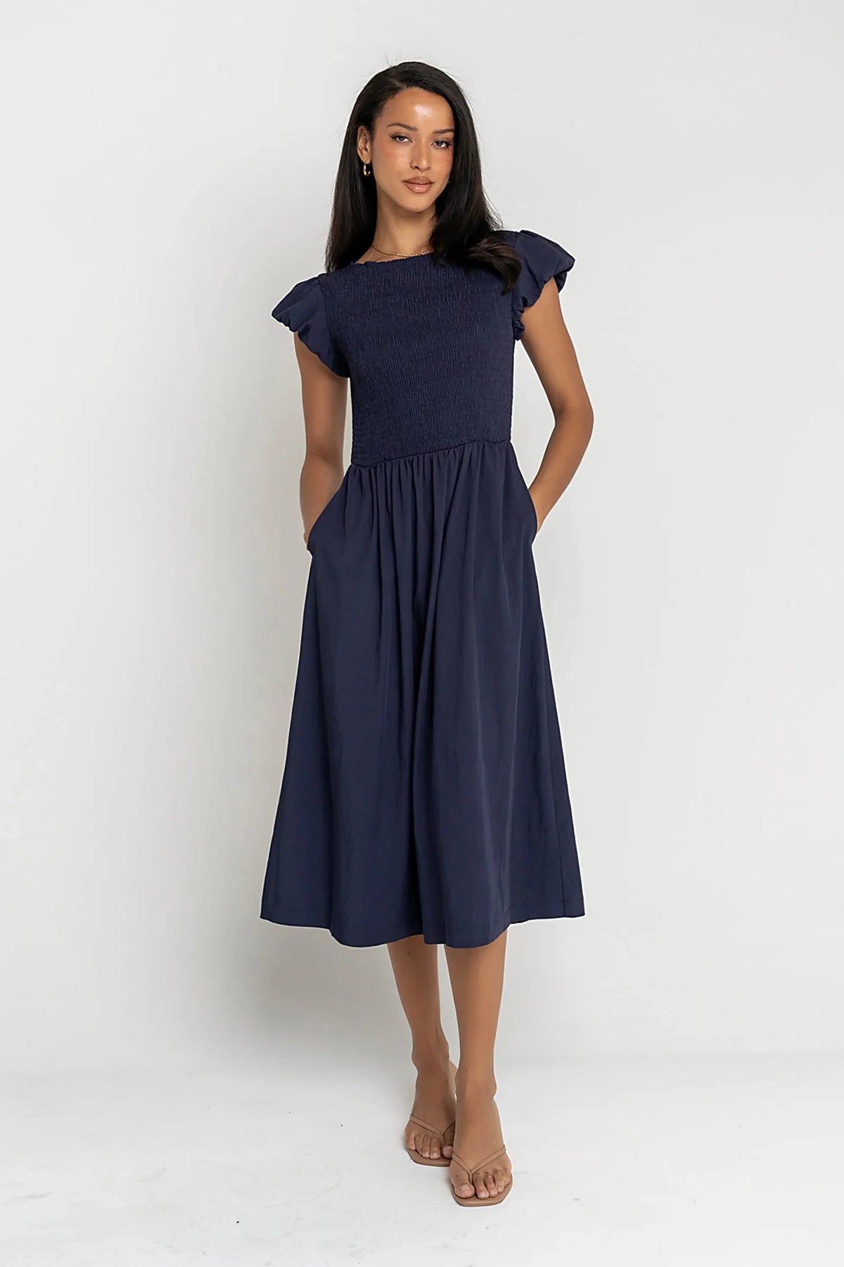 Harshell Smocked Midi Dress