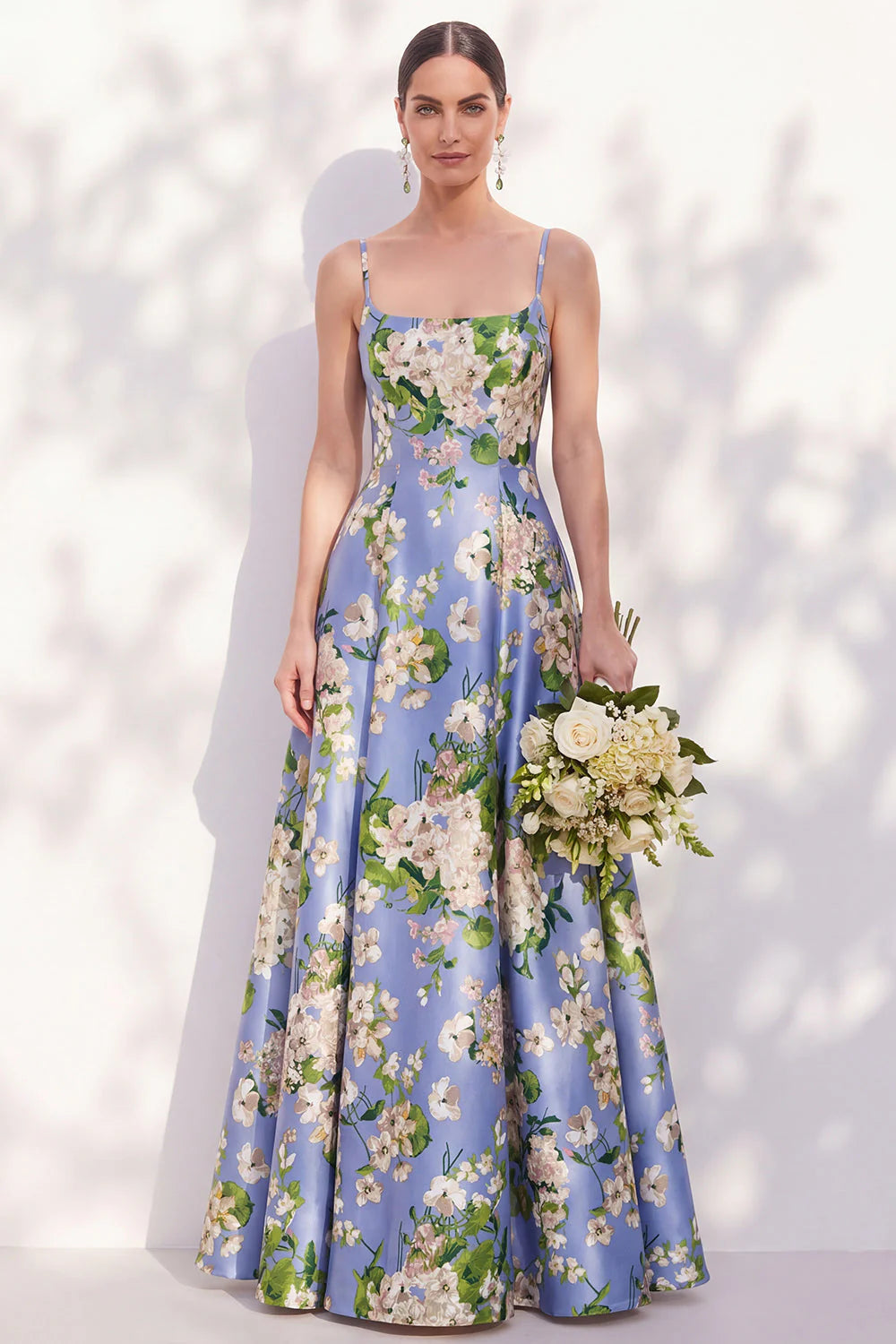 Floral Blue Spaghetti Straps A Line Bridesmaid Dress