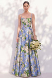 Floral Blue Spaghetti Straps A Line Bridesmaid Dress