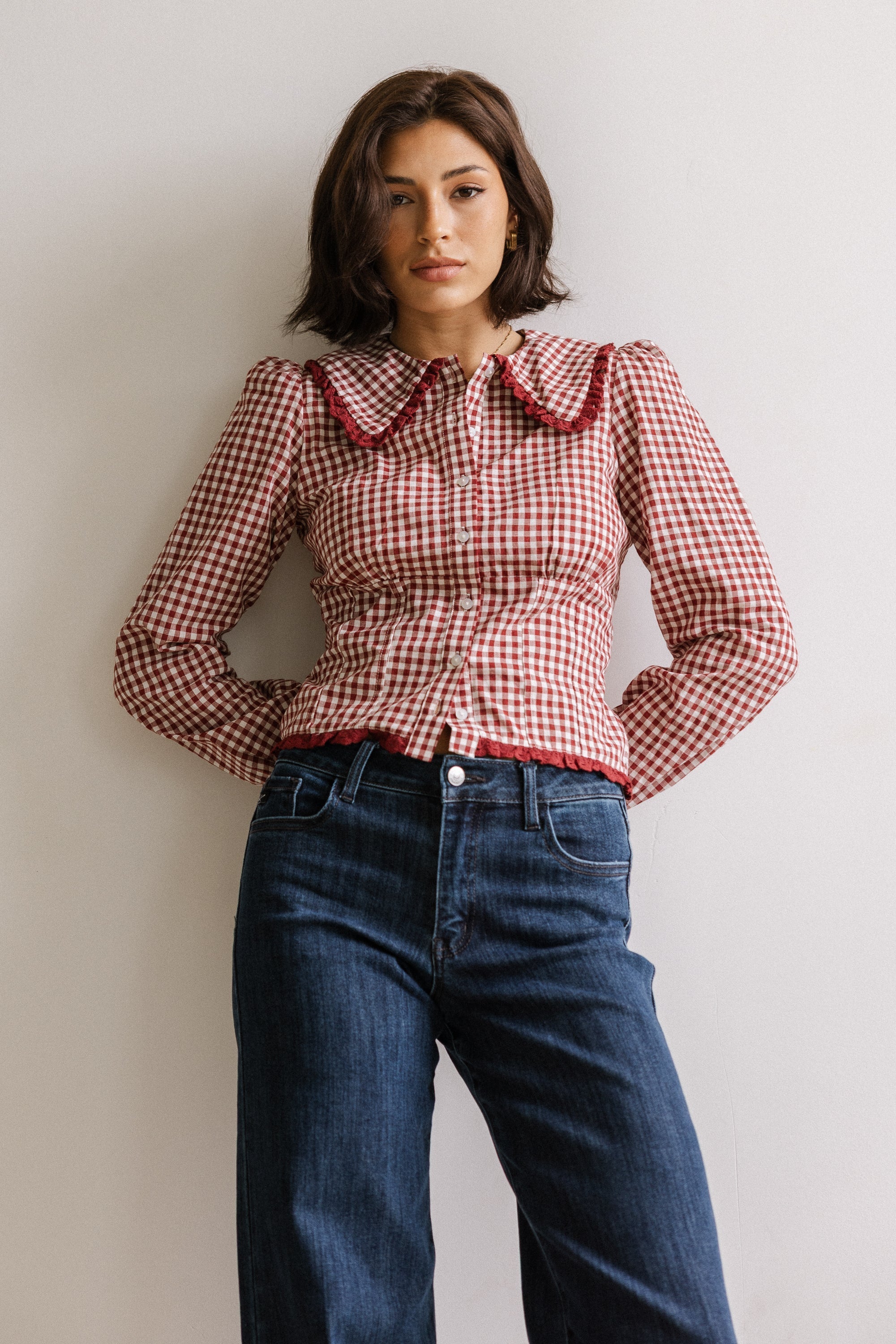 Brenna Gingham Blouse in Burgundy FINAL SALE