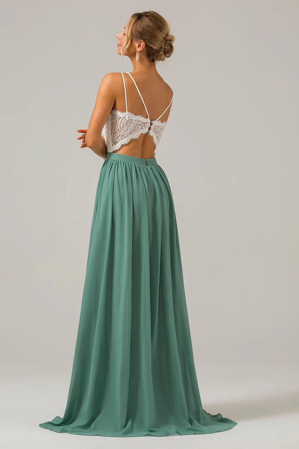 A Line Spaghetti Straps Pleated Long Bridesmaid Dress With Lace