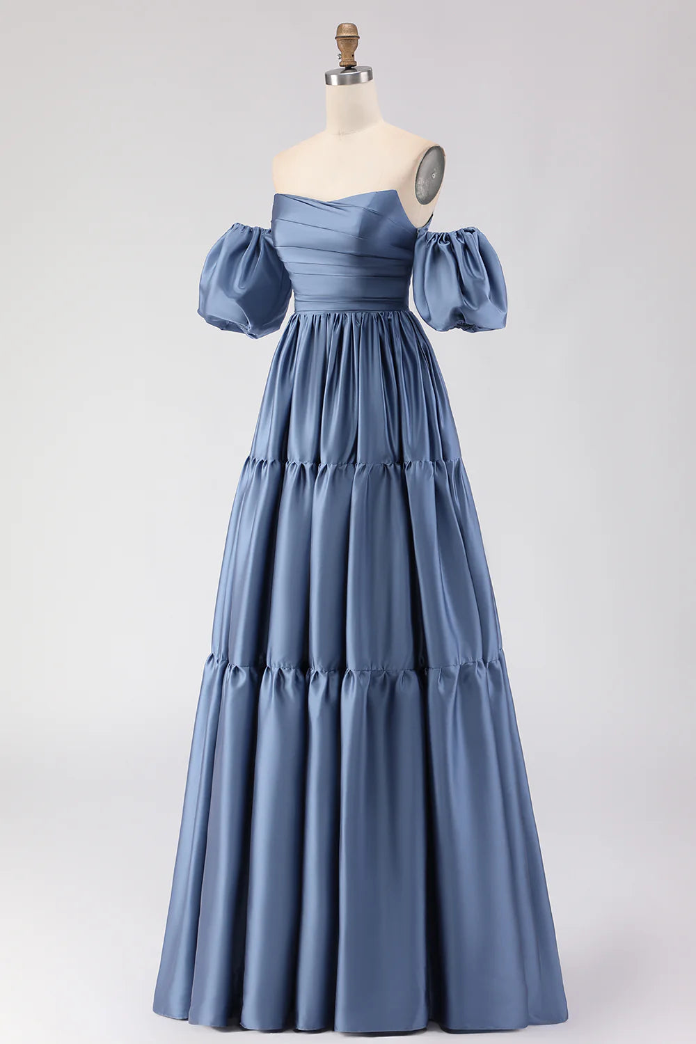 Off the Shoulder A Line Steel Blue Long Prom Dress with Removable Sleeves