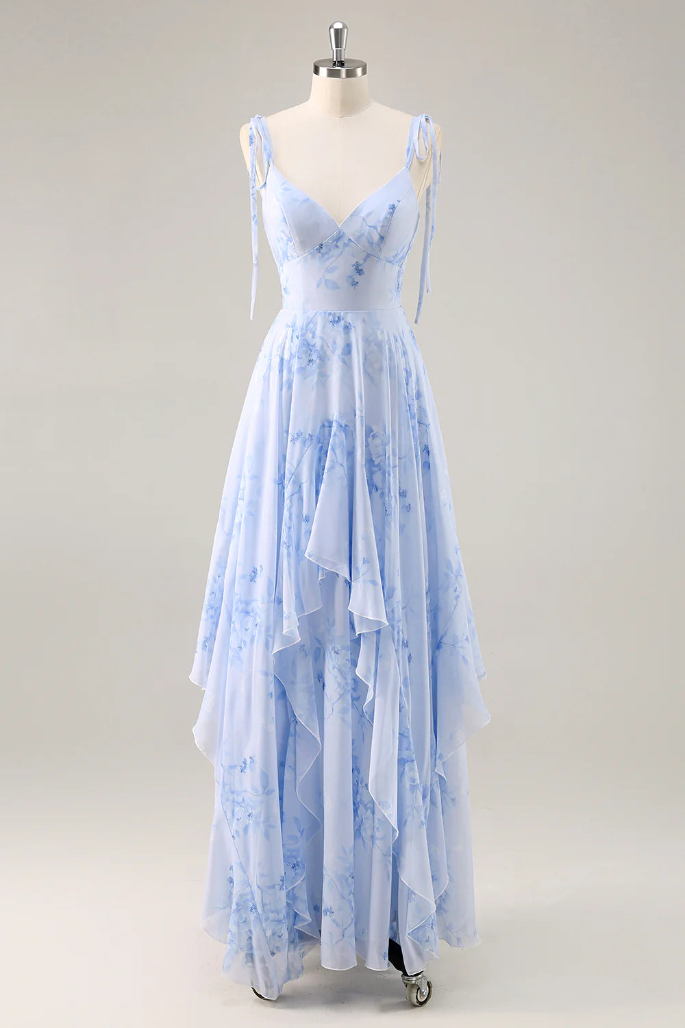A Line Spaghetti Straps Long Blue Floral Bridesmaid Dress with Ruffles