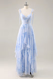 A Line Spaghetti Straps Long Blue Floral Bridesmaid Dress with Ruffles