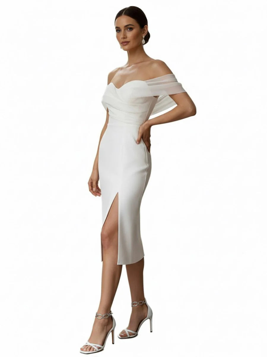 Sheath Off The Shoulder Sleeveless Tea Length Wedding Dresses