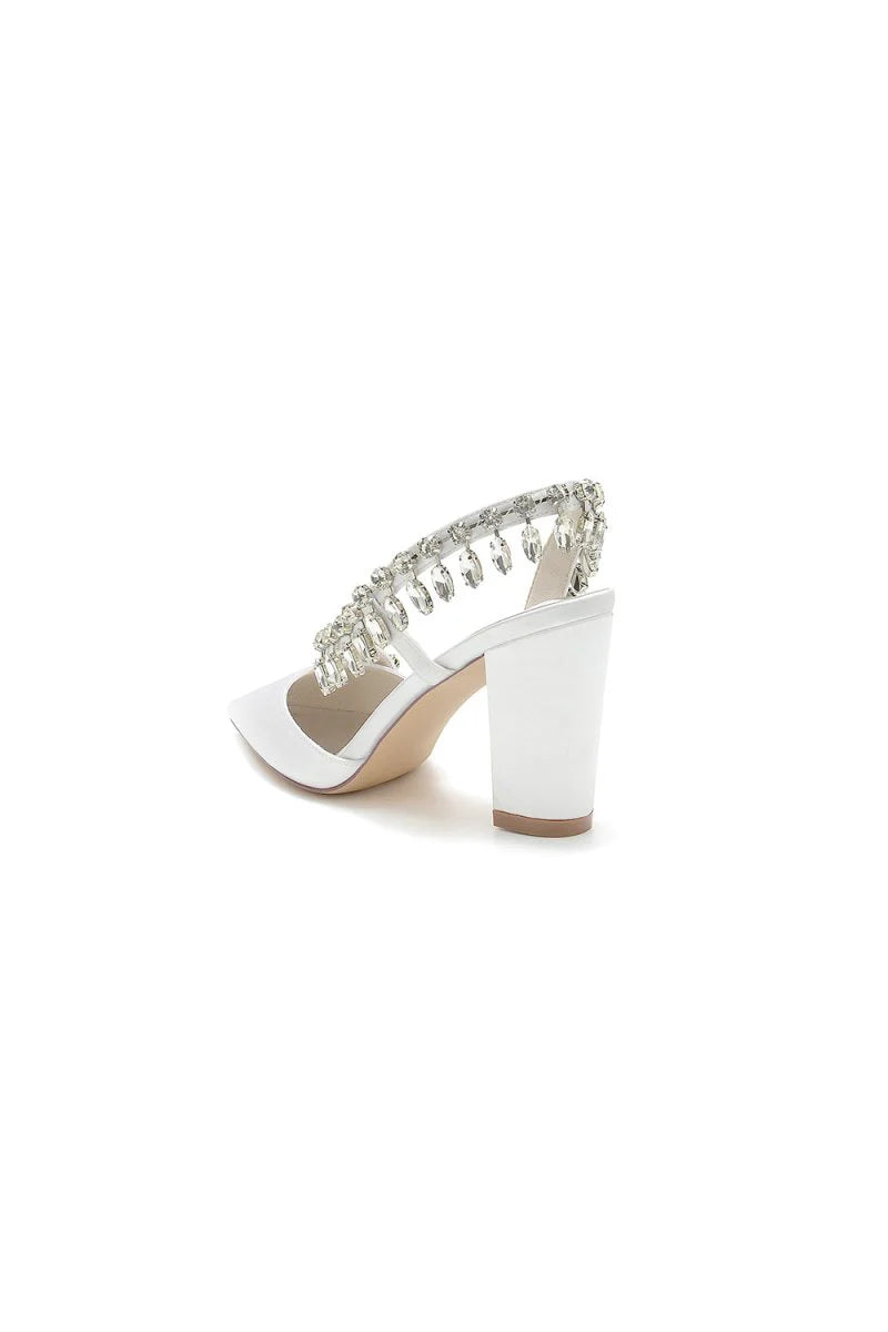 Pointed Toe Beaded Slip on Satin Chunky Heels