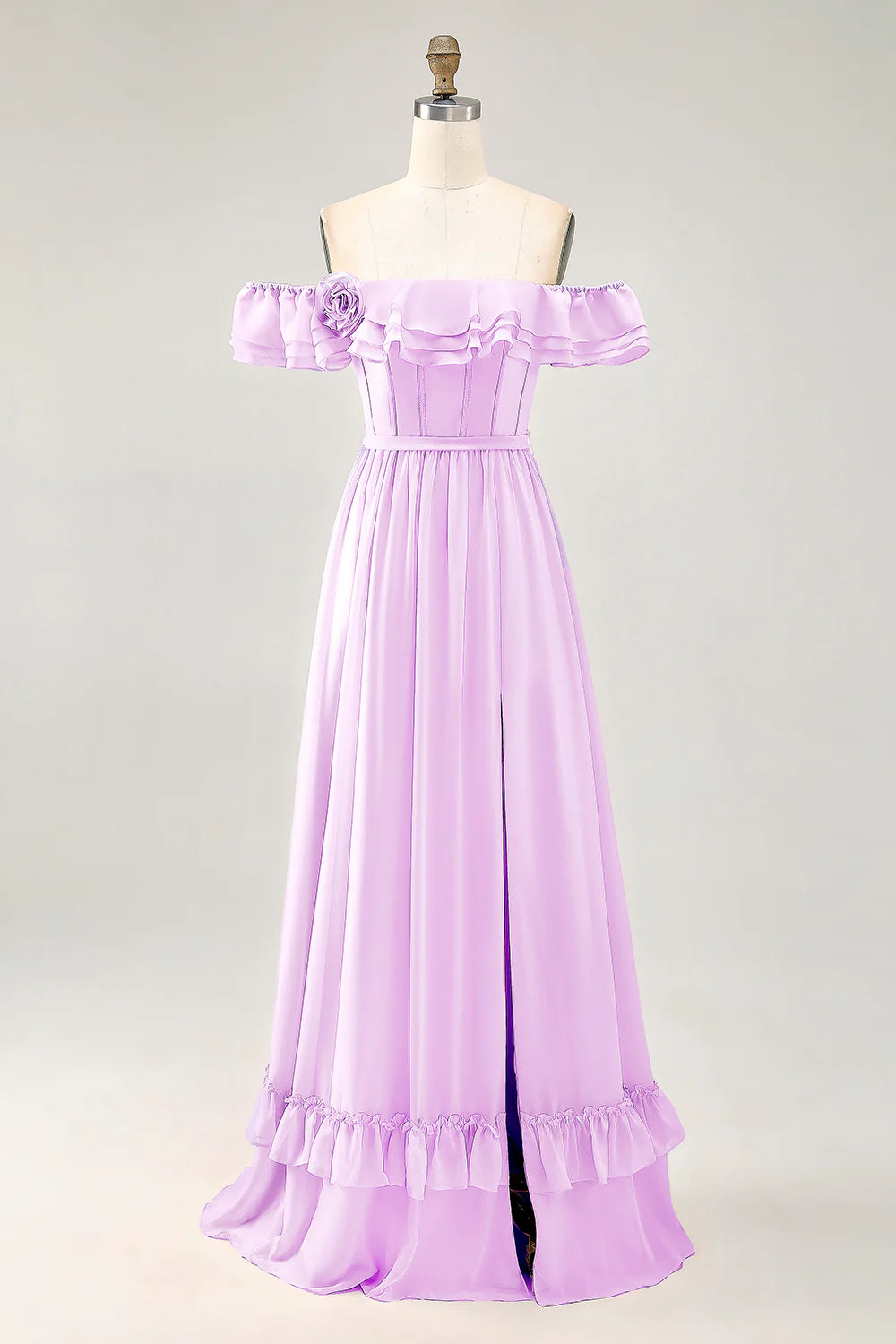 Dusty Sage A line Off The Shoulder Chiffon Long Bridesmaid Dress with Slit