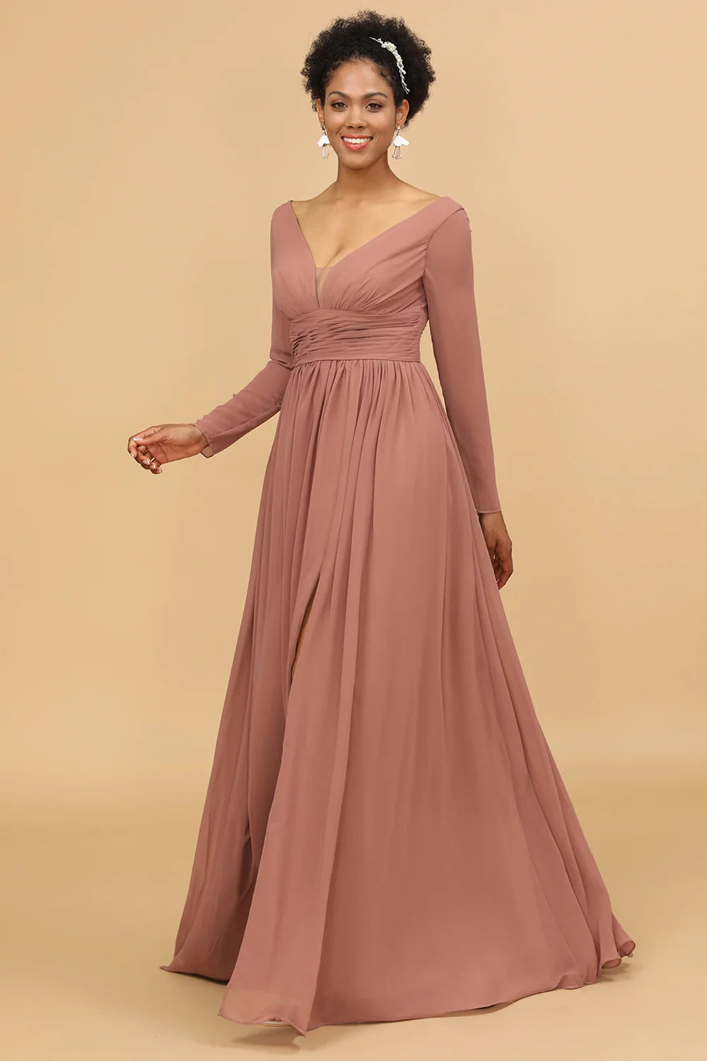 Blush V Neck Long Sleeves Chiffon Bridesmaid Dress with Slit