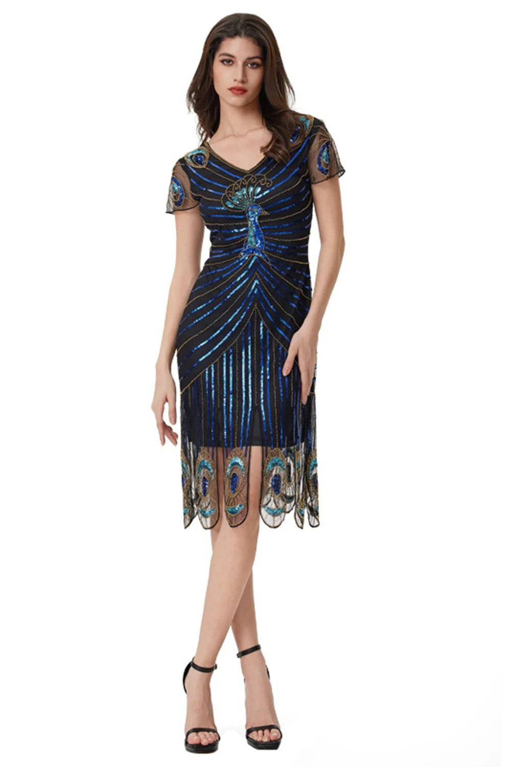 Sparkly Black Blue Sheath Sequins V Neck 1920s Dress