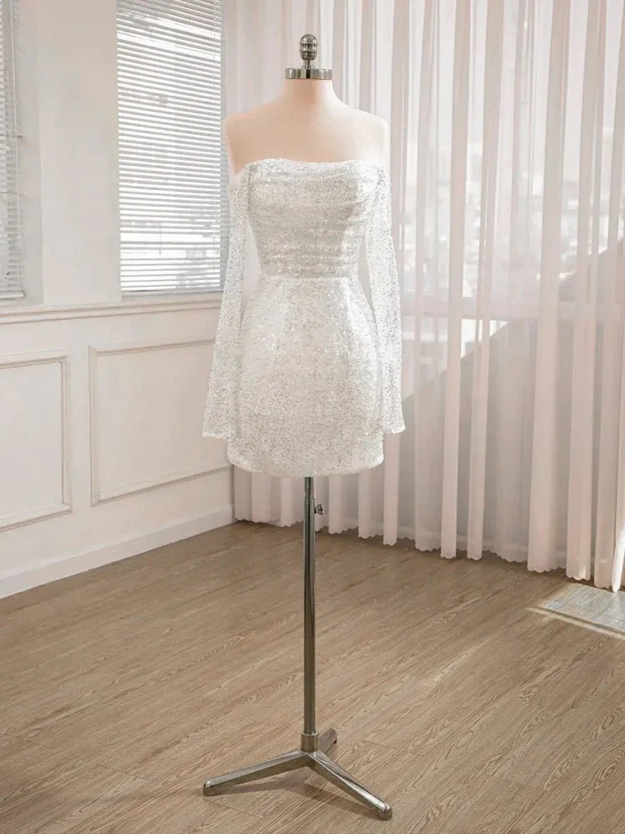 Chic Short Sequined Backless Wedding Dress With Long Detachable Sleeves