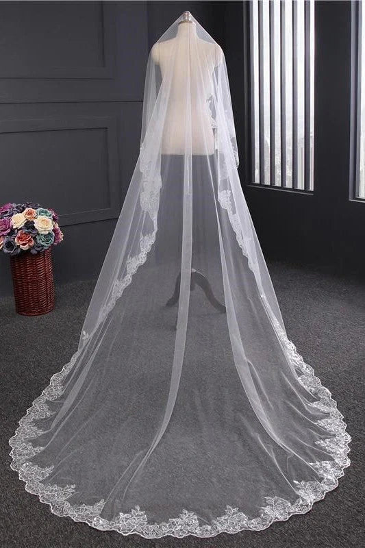 Vintage One Tier Tulle Lace Long Wedding Veil