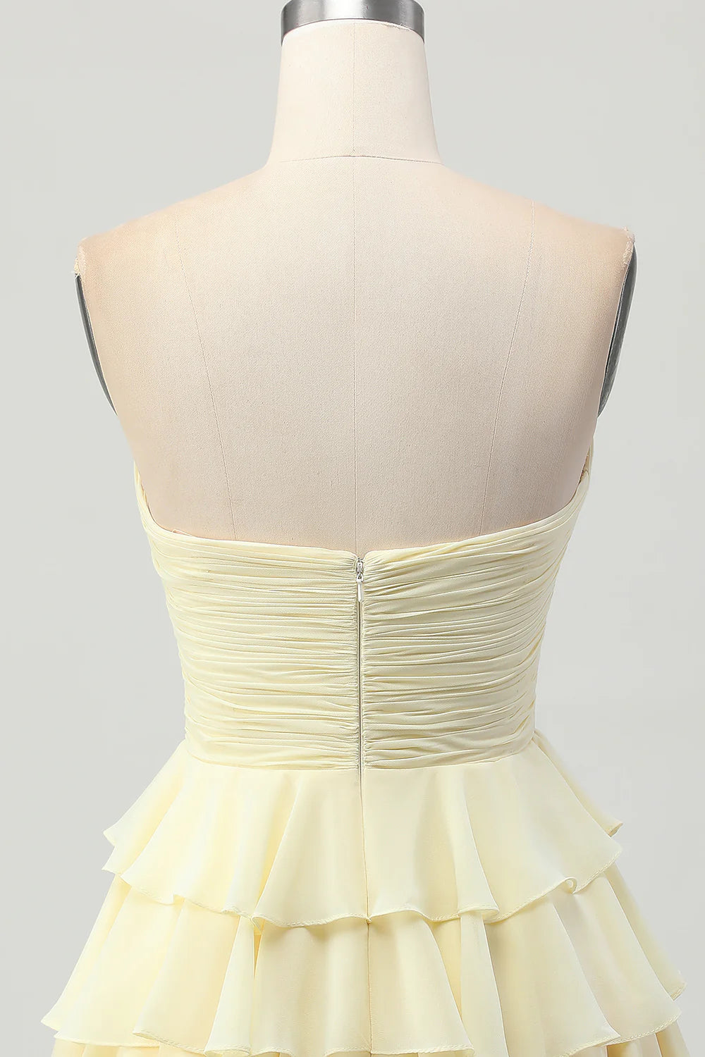 Light Yellow Strapless Tiered Ruched A Line Short Homecoming Dress