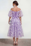 Off the Shoulder Floral Lilac Ruched A Line Wedding Guest Dress