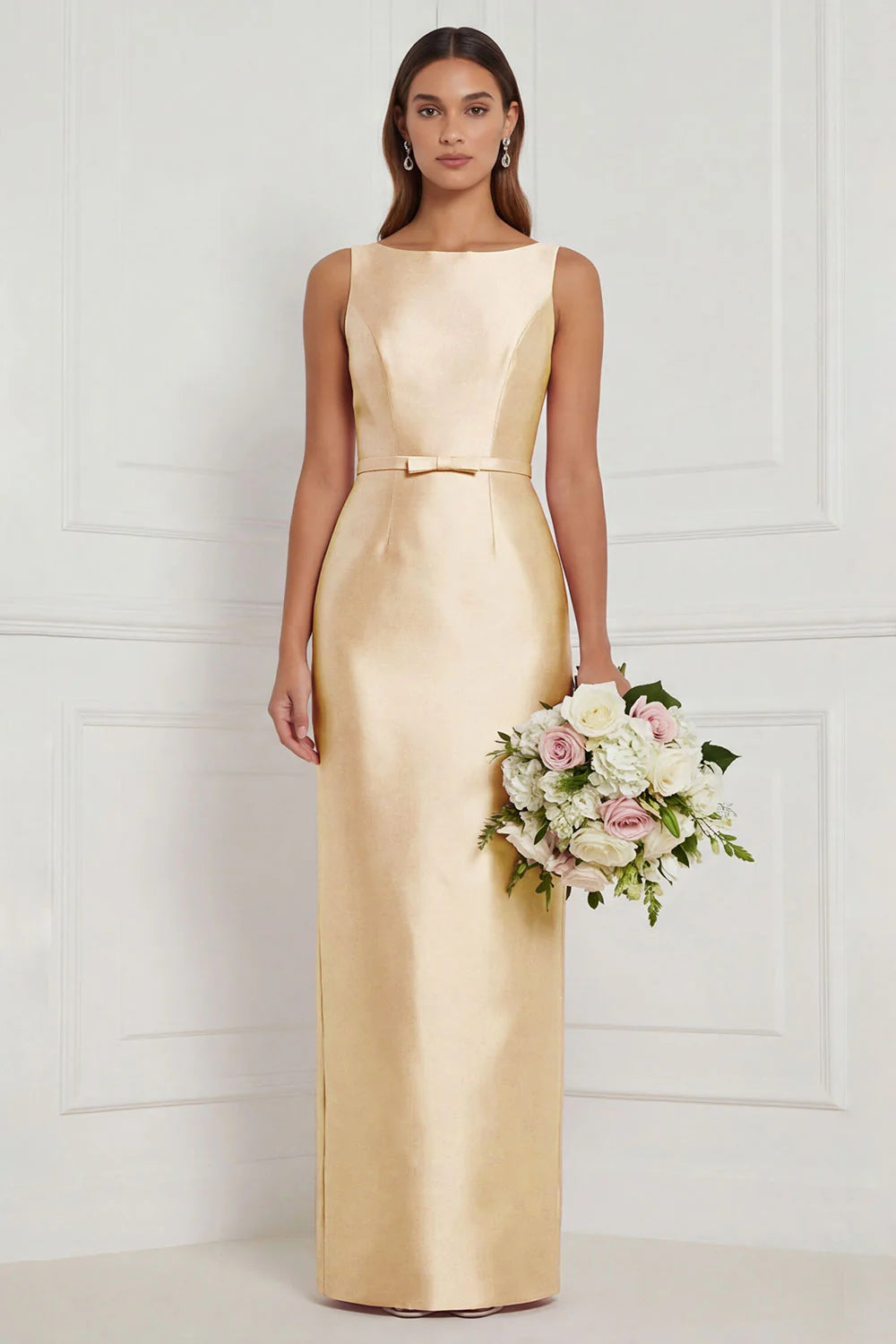 Sage Green Sheath Bateau Neck Satin Bridesmaid Dress