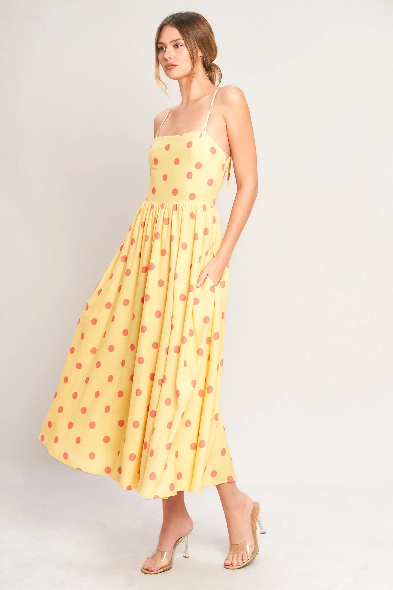 GOLDEN SUMMER POLKA DOT YELLOW MIDI DRESS