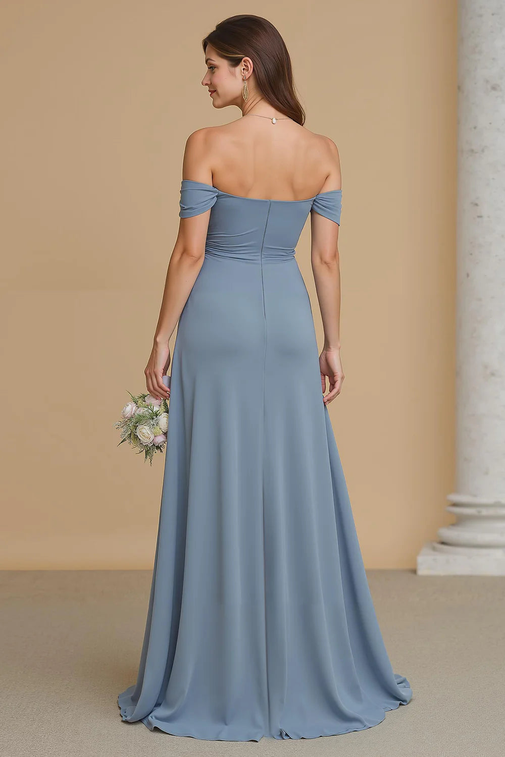 Ruched Off The Shoulder Twilight A Line Bridesmaid Dress with Slit