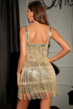 Glitter Golden Sheath Column Sequins Short Party Dress with Fringes