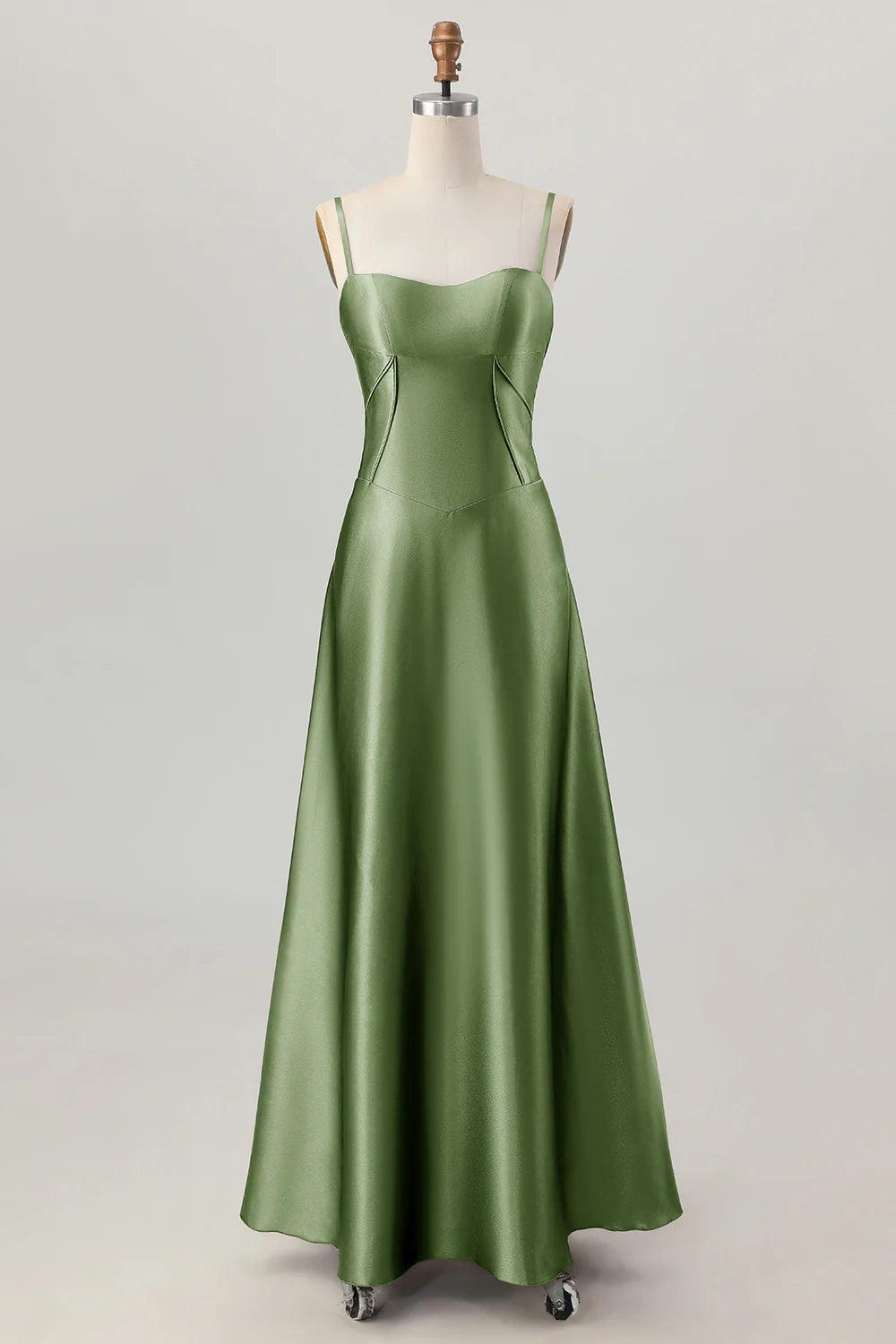 Dusty Sage A Line Spaghetti Straps Satin Long Bridesmaid Dress with Lace Up Back