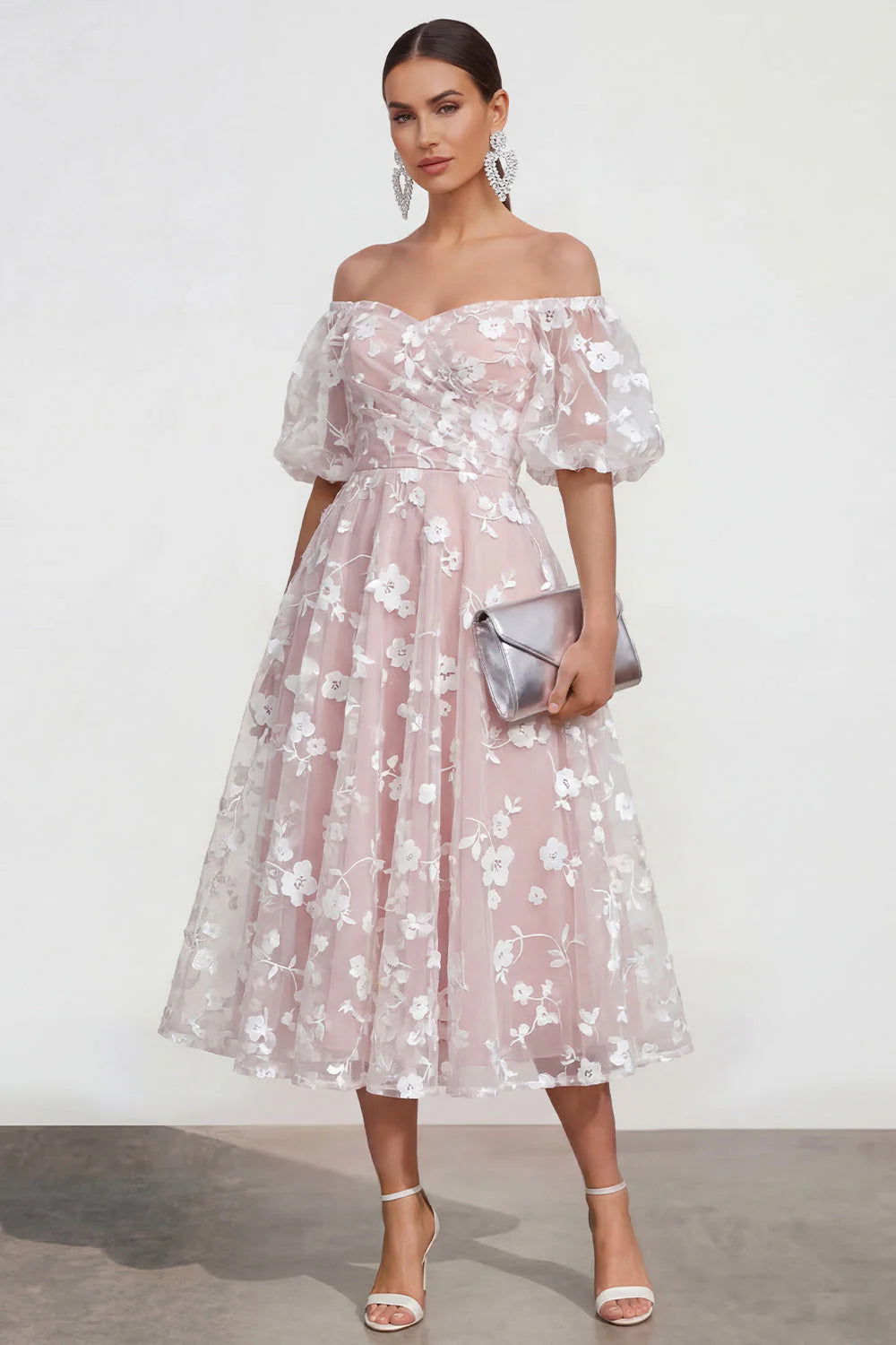Off the Shoulder Floral Lilac Ruched A Line Wedding Guest Dress