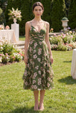 Floral Spaghetti Straps Ruffled Dark Green Wedding Guest Dress