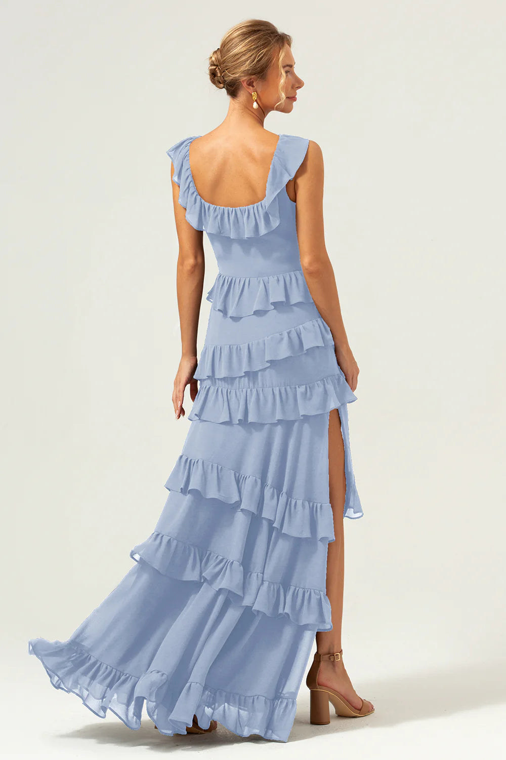 Dark Navy A Line Square Neck Tiered Long Bridesmaid Dress