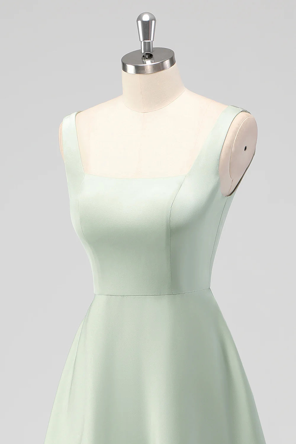 Sage Green A Line Square Neck Tea Length Satin Bridesmaid Dress
