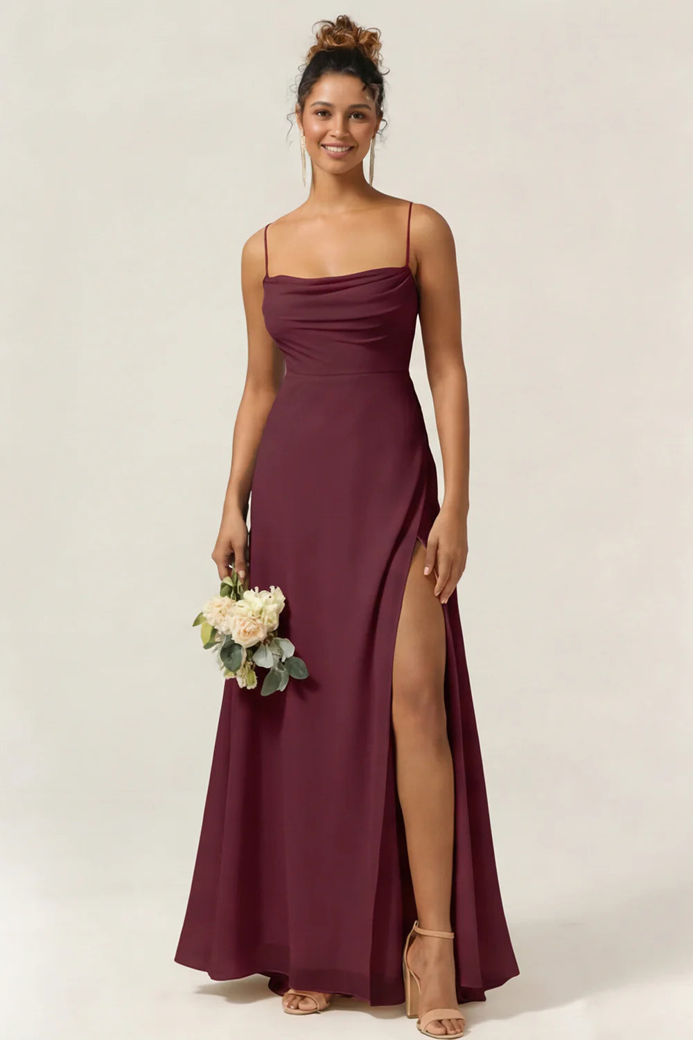 Blue Flower A Line Spaghetti Straps Chiffon Long Bridesmaid Dress with Slit