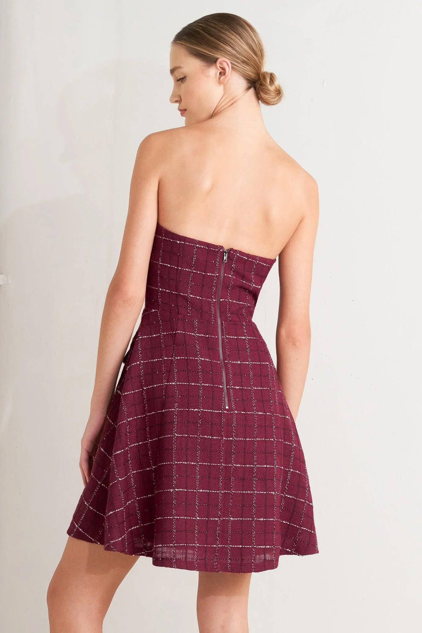 TWEED STRAPLESS MINI DRESS WINE
