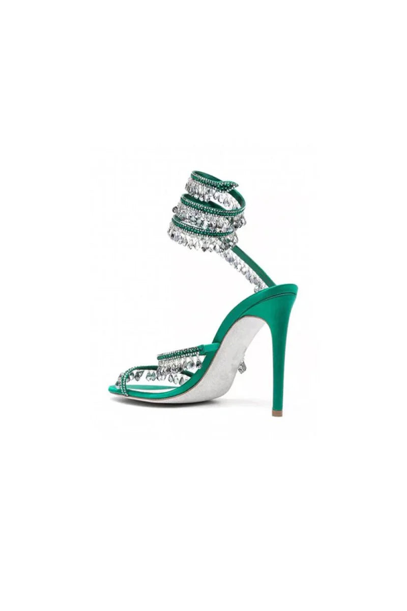 Open Toe Ankle Wrap Beaded Crystal Stiletto Heels