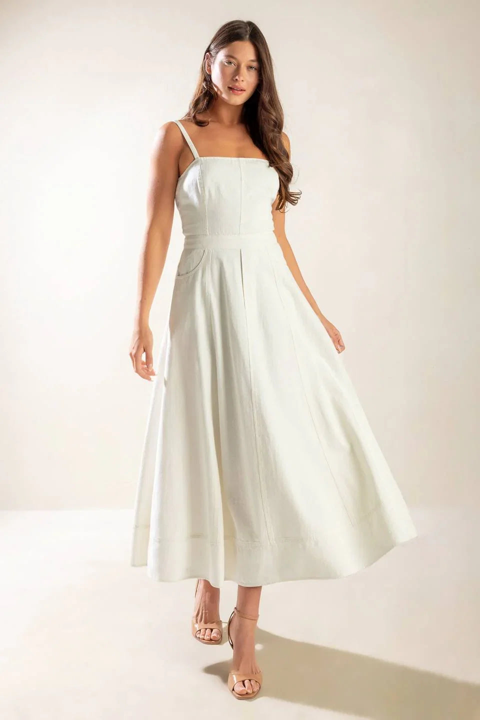 LETS GO FOR A WALK WHITE LACE UP BACK MIDI DRESS