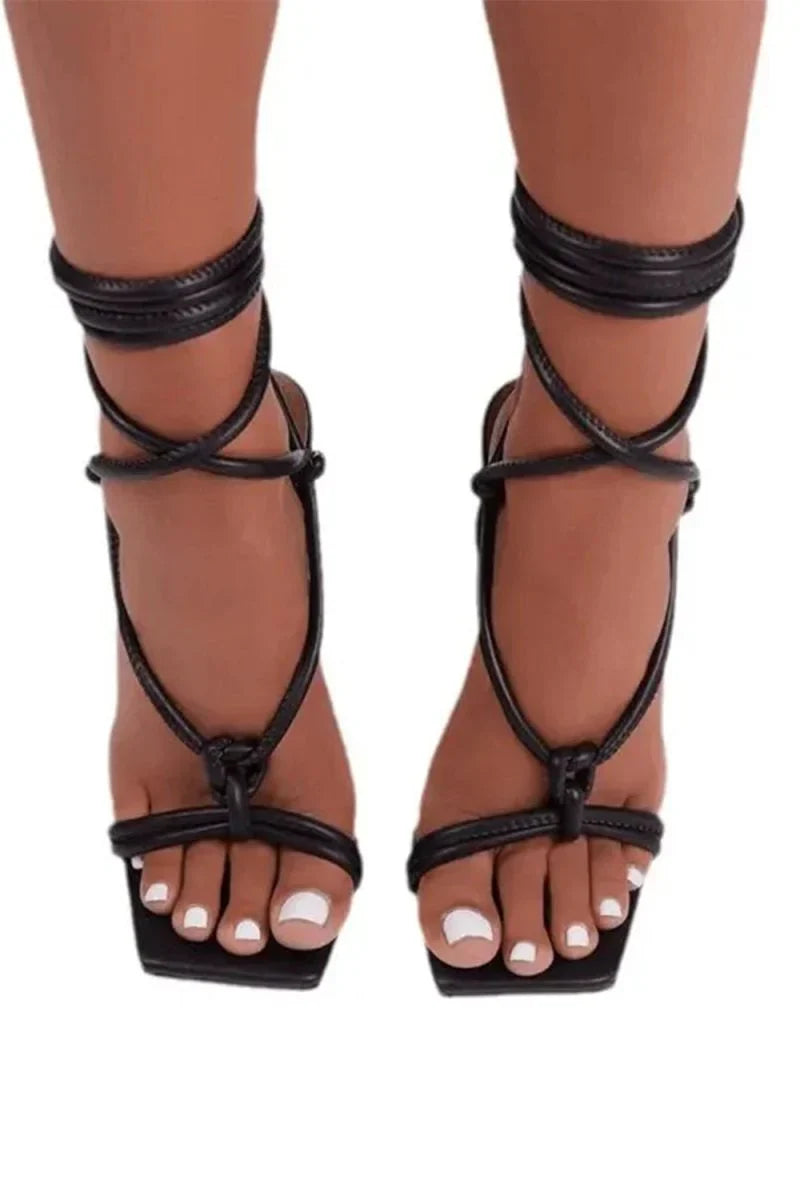 Square Open Toe Tie Up Ankle Strap Stiletto Heels