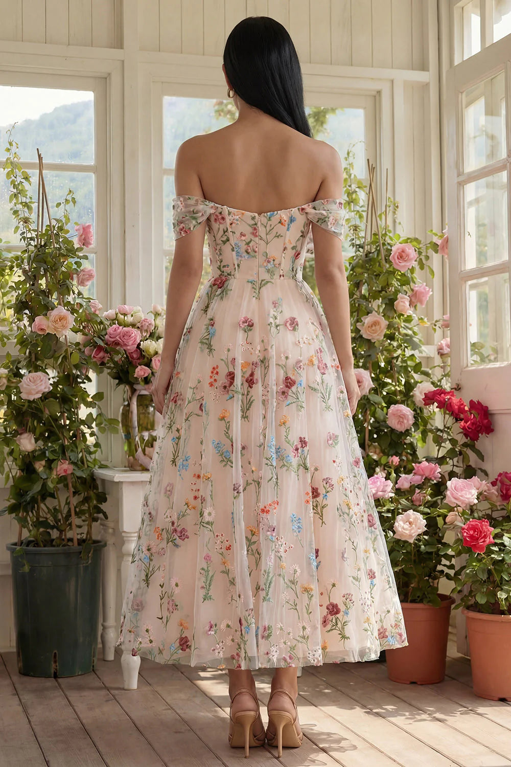 Black Off the Shoulder Floral A Line Midi Wedding Guest Dress