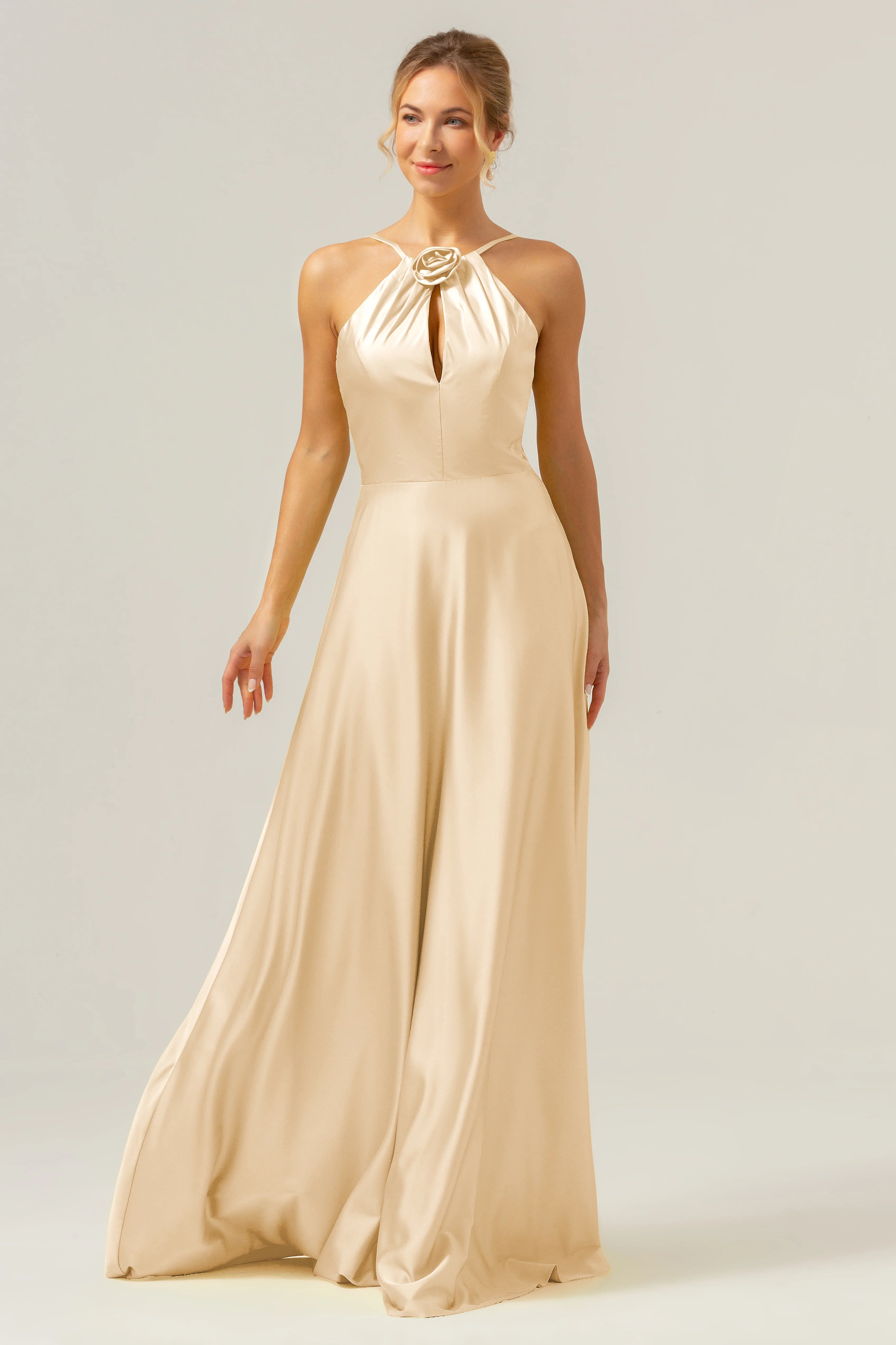 A Line Halter Ruched Satin Open Back Long Bridesmaid Dress with Flower