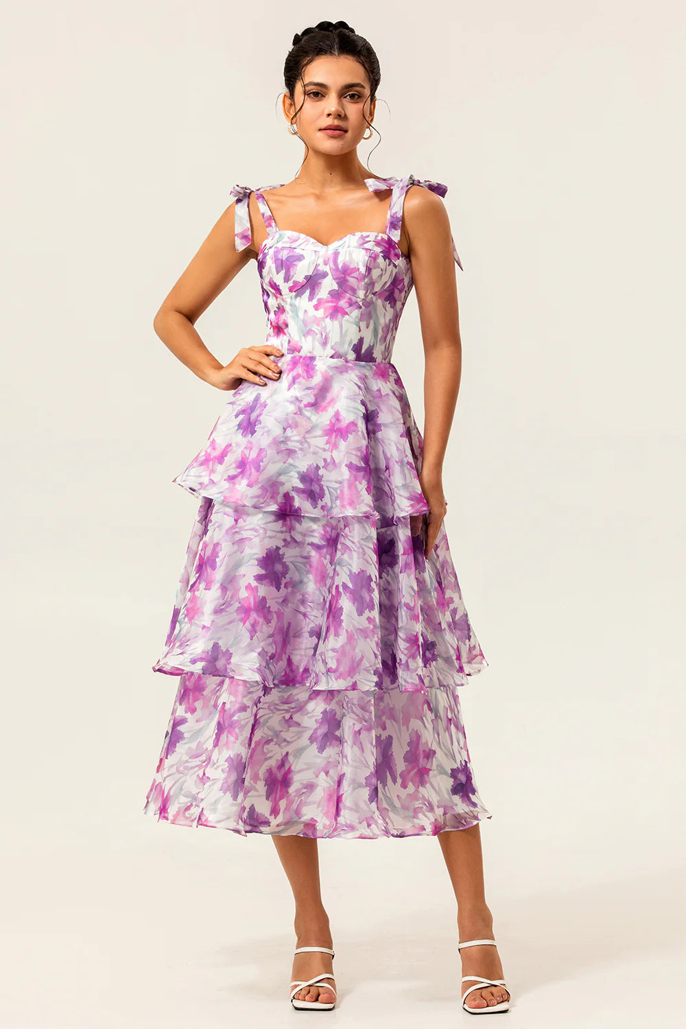 Purple Flower A Line Lace Up Back Tiered Print Midi Dress with Straps Bows