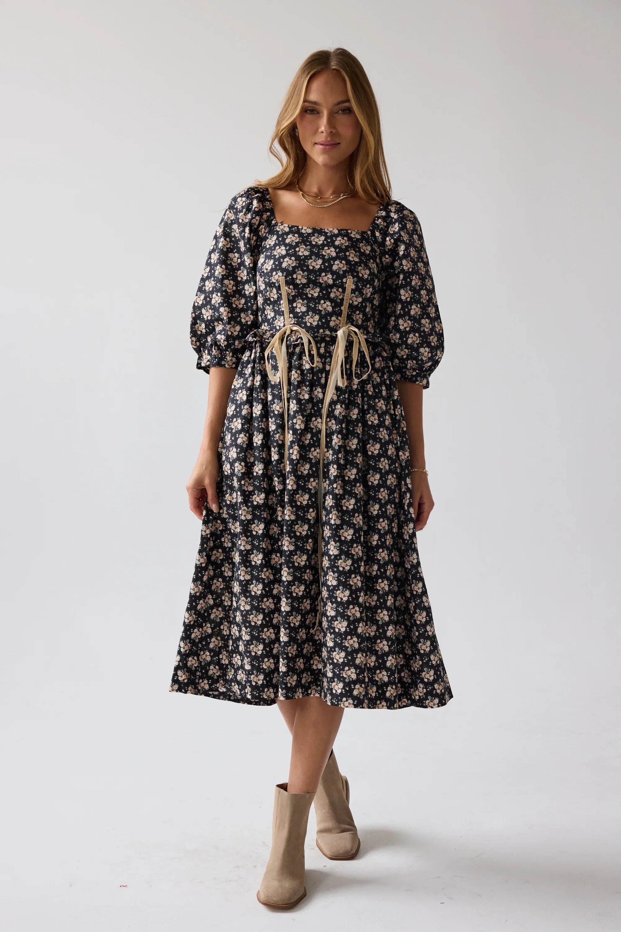 Gloria Floral Midi Dress in Black FINAL SALE