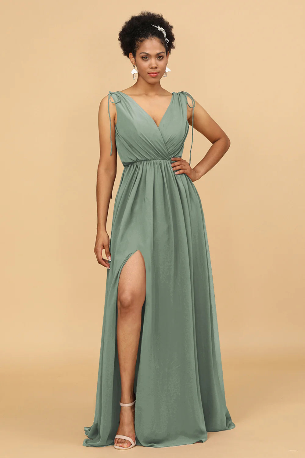 A Line Ruched V Neck Sleeveless Chiffon Bridesmaid Dress with Slit