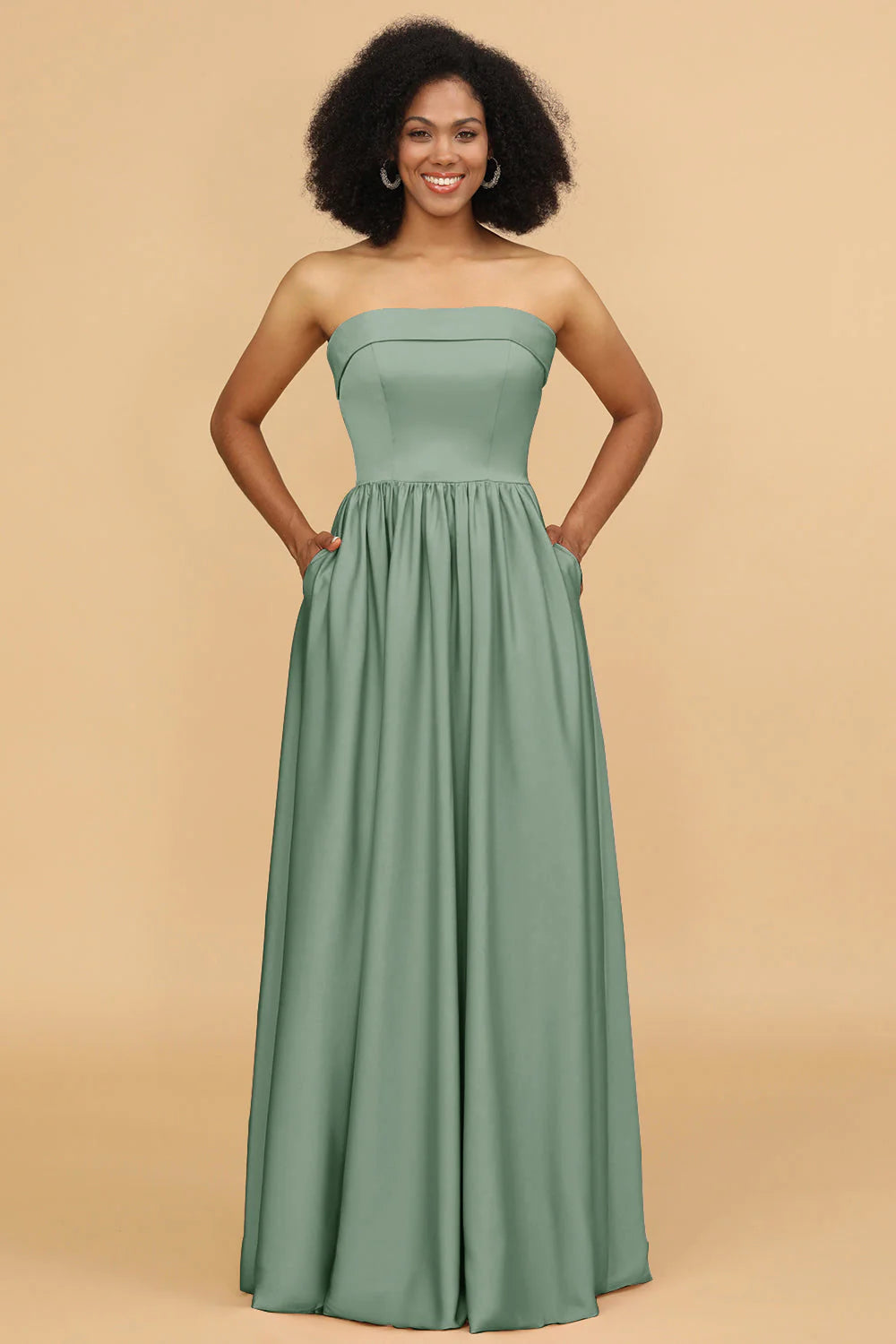 A Line Strapless Satin Floor Length Bridesmaid Dress with Pockets