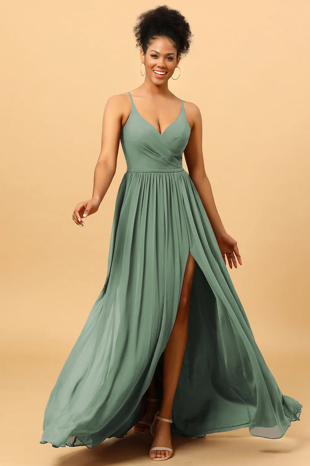 A Line Spaghetti Straps Ruched Long Chiffon Bridesmaid Dress with Slit