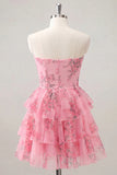 Strapless Tiered A Line Cut Out Floral Pink Homecoming Dress