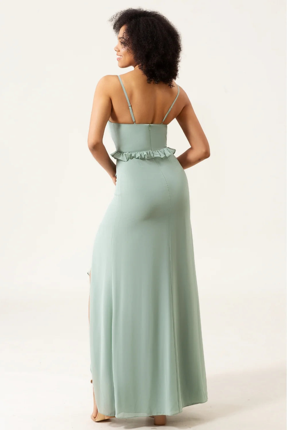 Matcha A Line Spaghetti Straps Chiffon Bridesmaid Dress With Ruffles