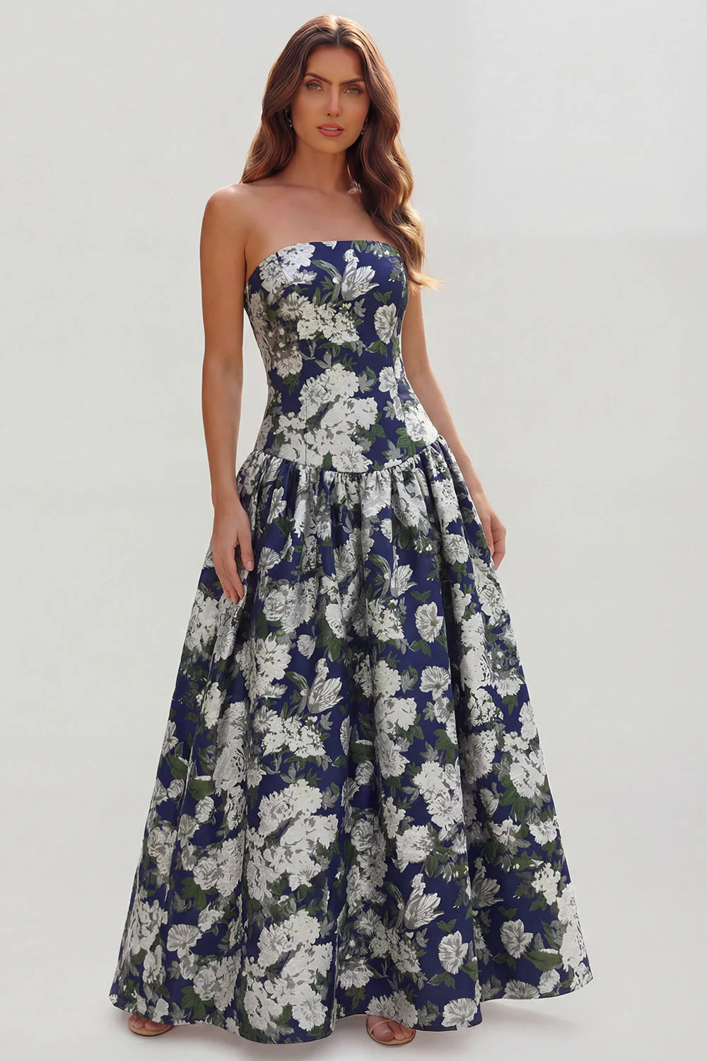 Blue White Flower Printed Strapless A Line Long Wedding Guest Dress
