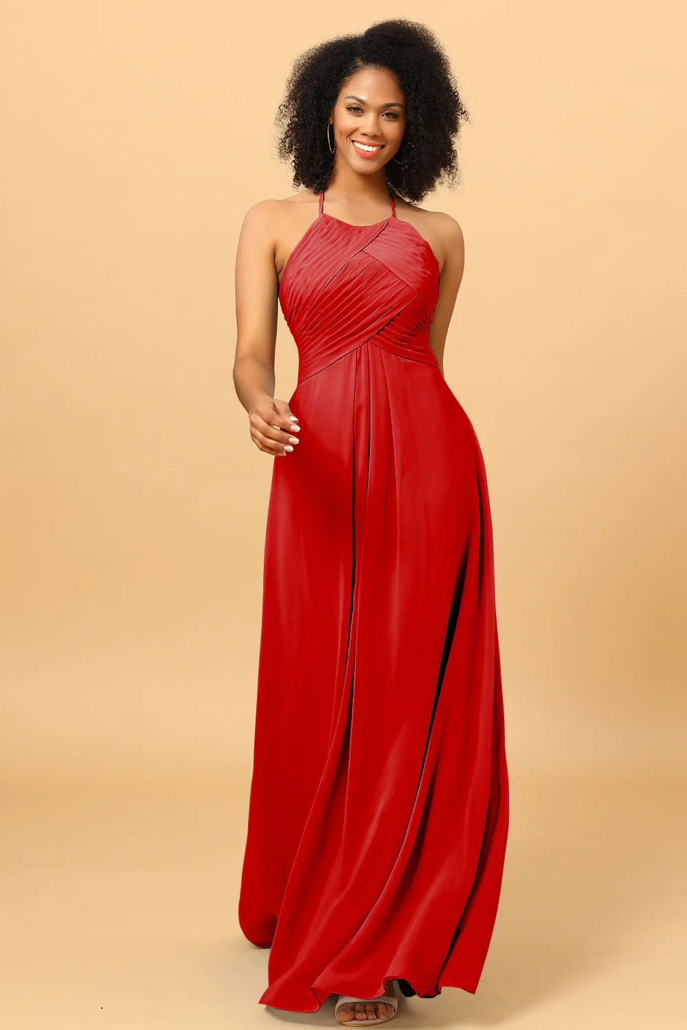 Sheath Halter Open Back Long Chiffon Bridesmaid Dress