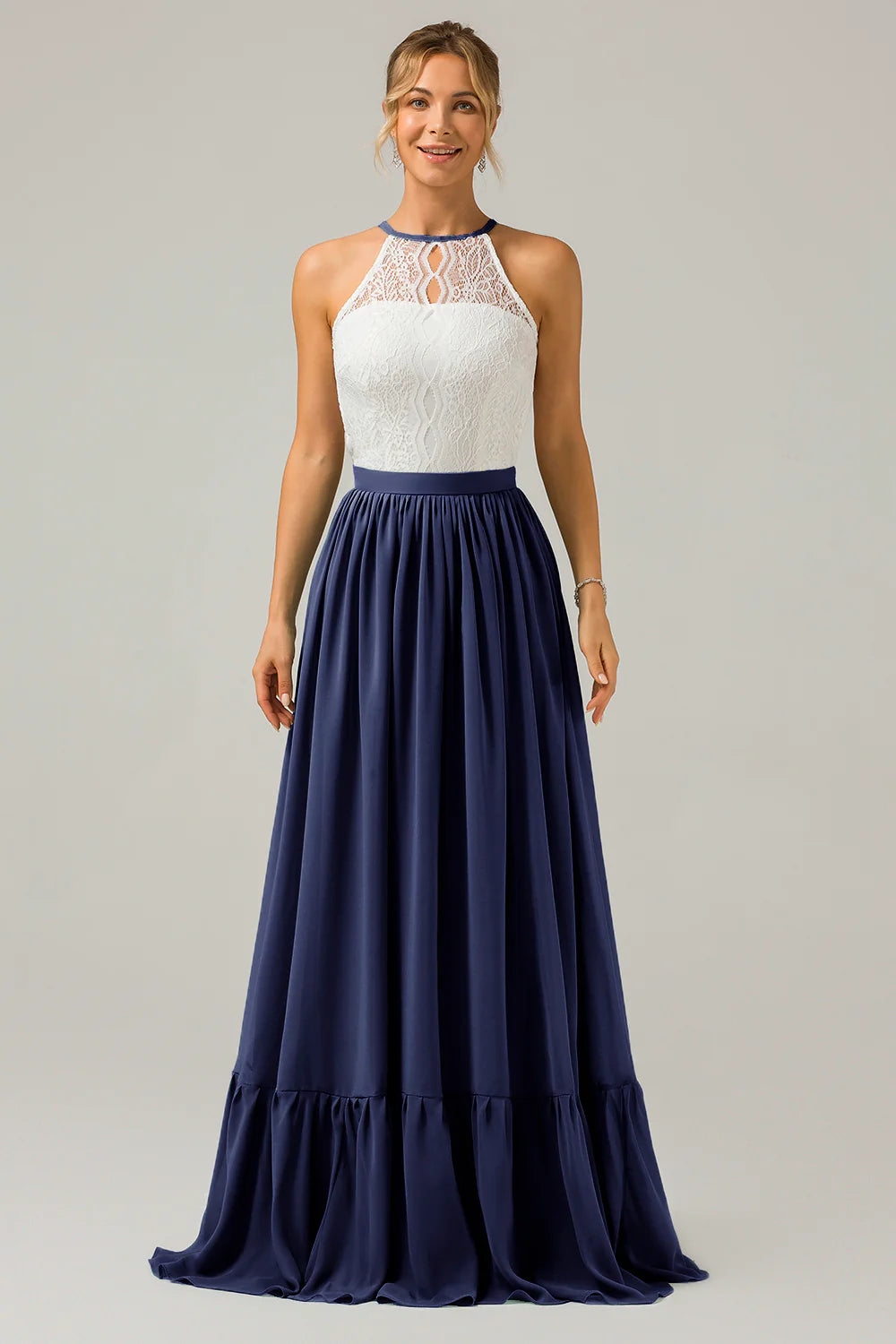 A Line Halter Pleated Keyhole Chiffon Bridesmaid Dress With Lace