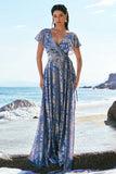 Grey Blue A Line V Neck Burnout Velvet Floor Length Bridesmaid Dress with Cape Sleeves