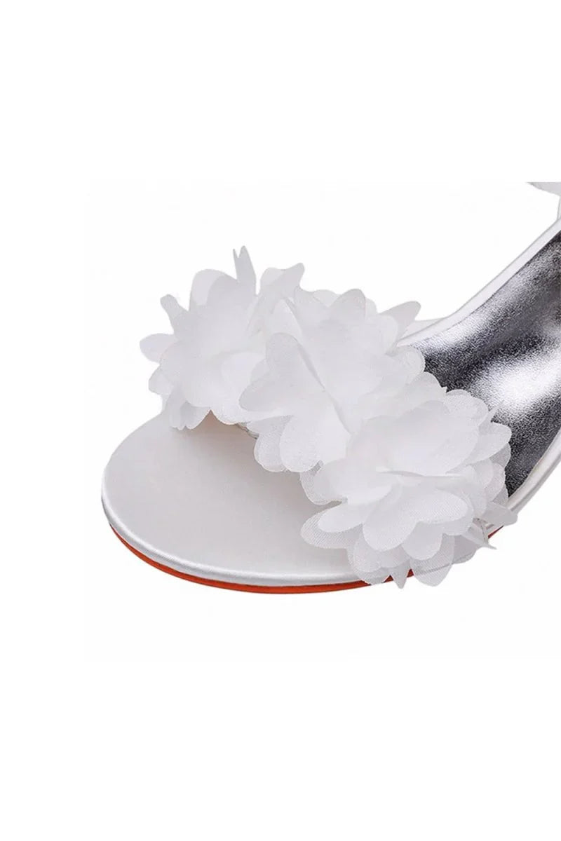 White Floral Satin Open Toe Low Chunky Heels