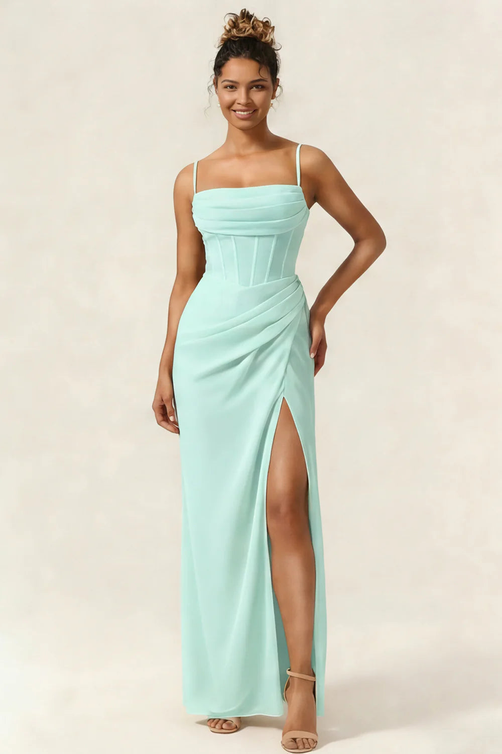 Green Flower Mermaid Corset Chiffon Long Bridesmaid Dress with Slit