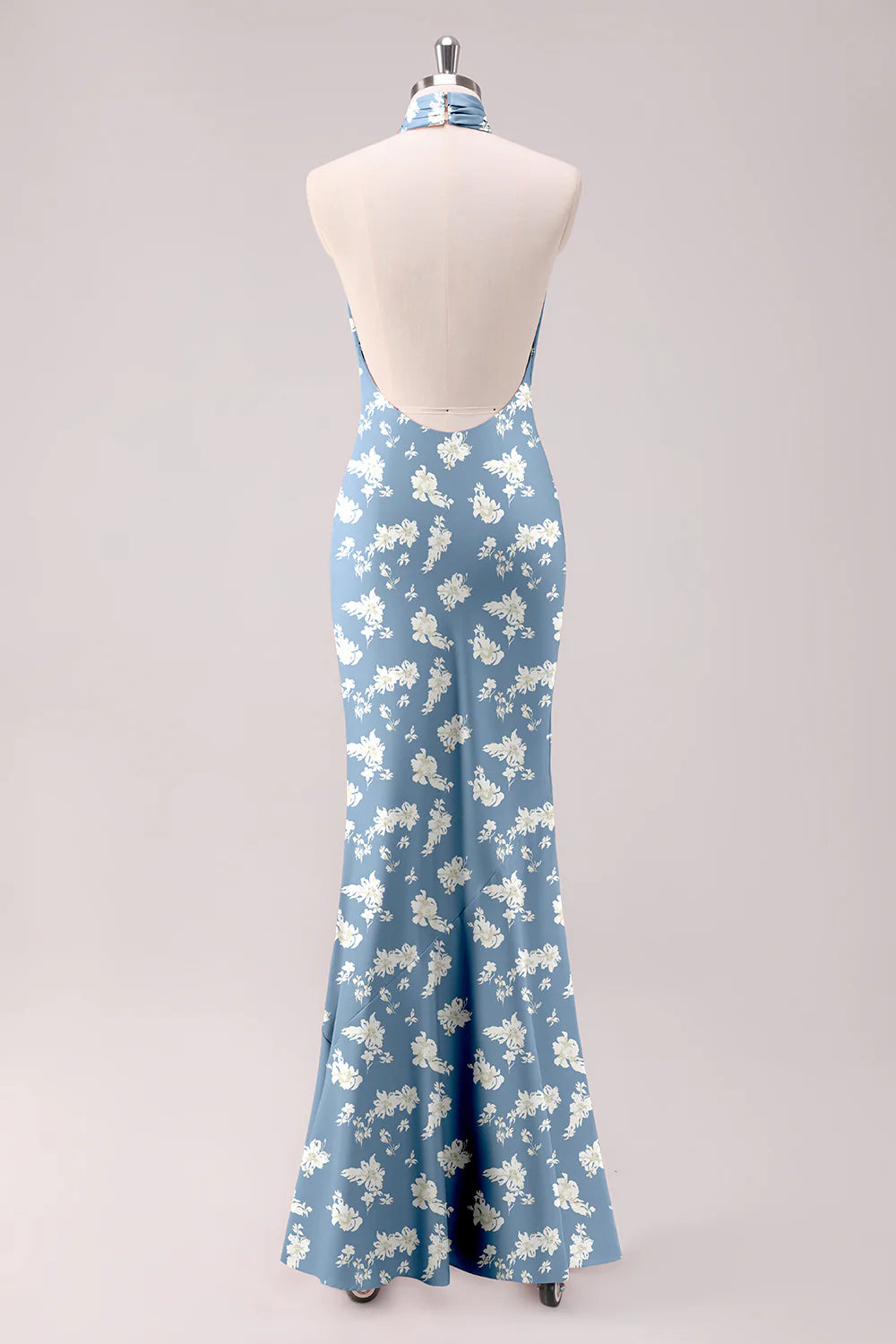 Sage White Flower Mermaid Halter Open Back Floor Length Satin Print Bridesmaid Dress