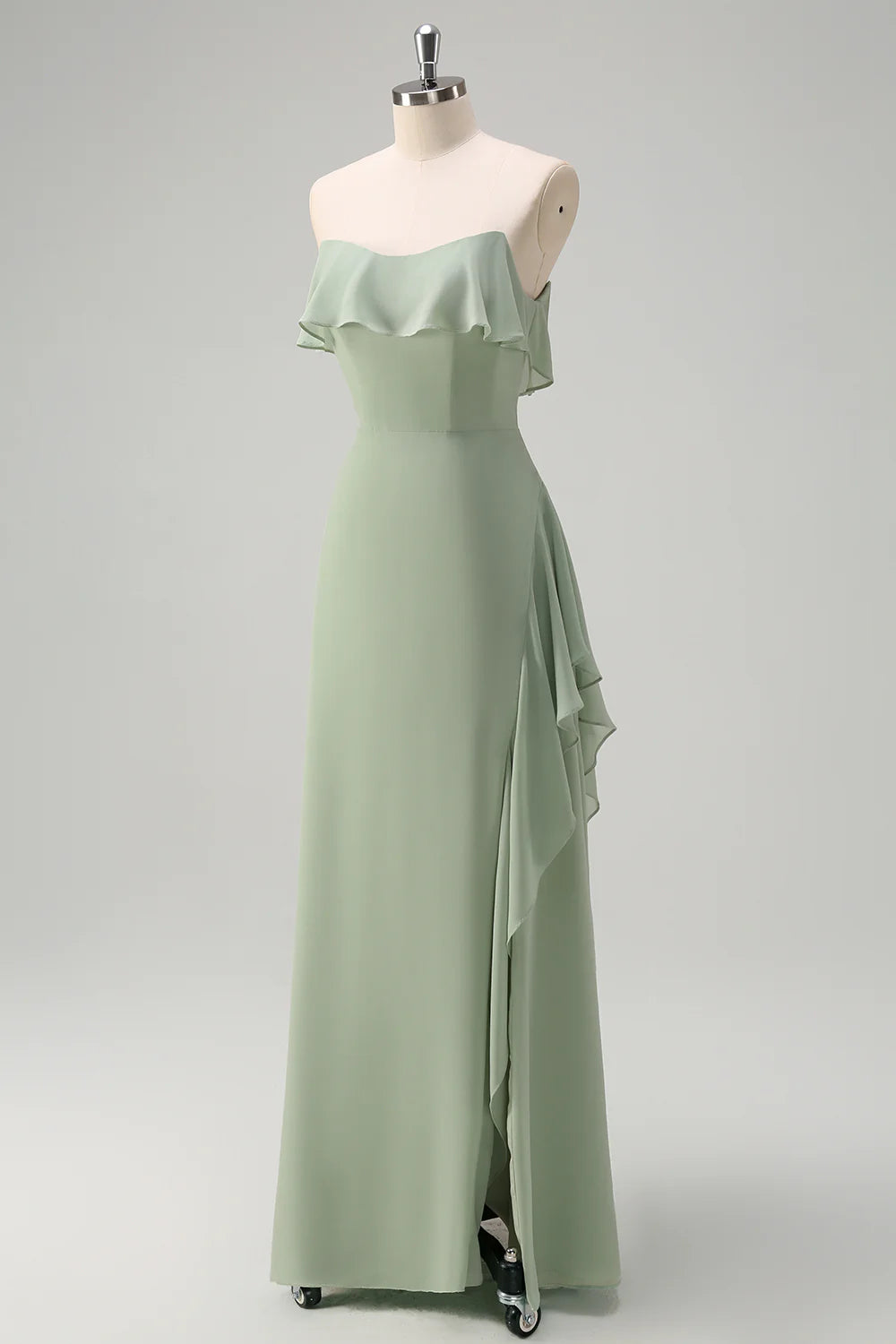 Light Green Sheath Off The Shoulder Chiffon Long Bridesmaid Dress with Ruffle Slit