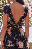 Black V Neck Floral Wedding Guest Dress with Twist Front