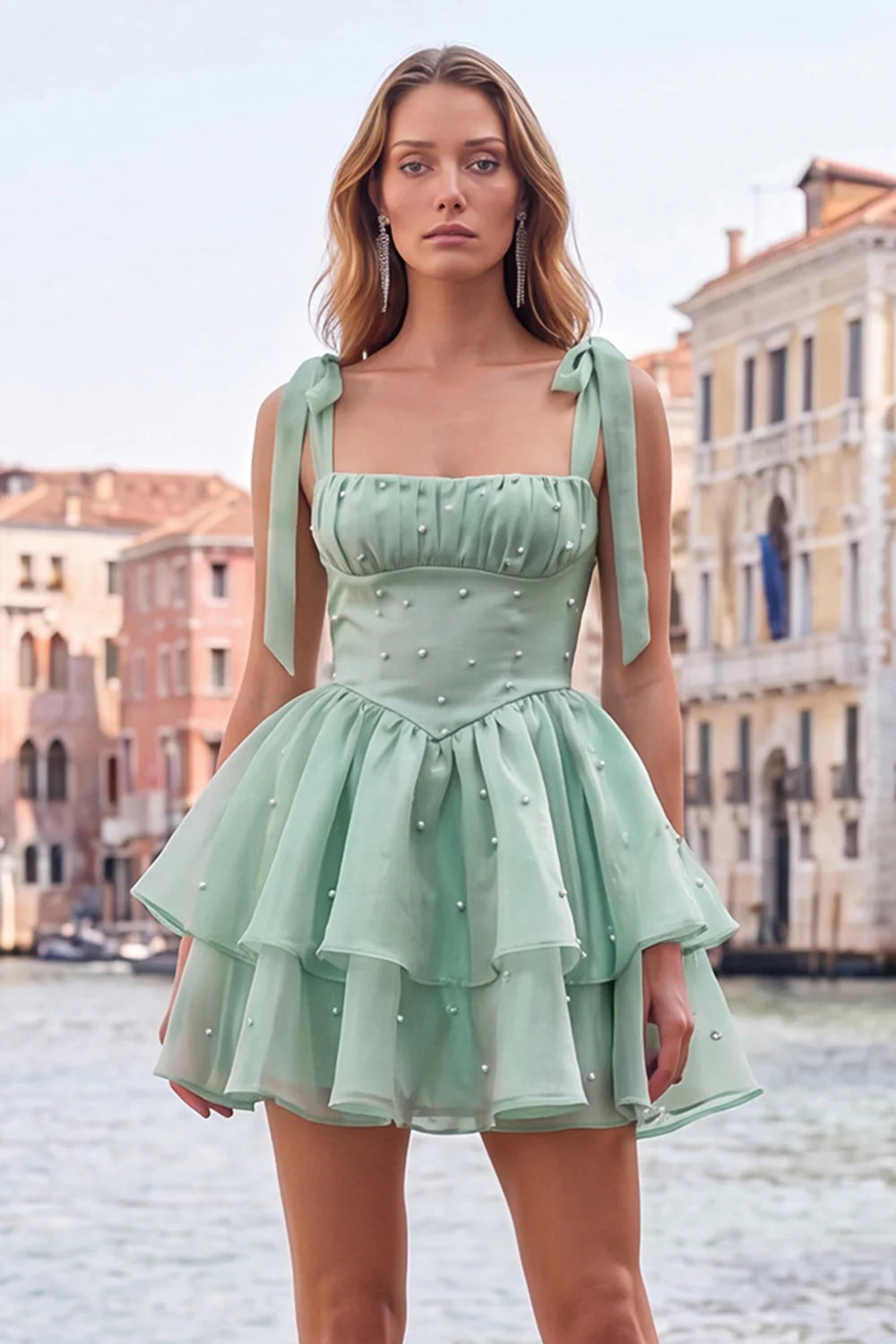 Cute Lilac A Line Pearl Tiered Short Homecoming Dress with Lace Up Back